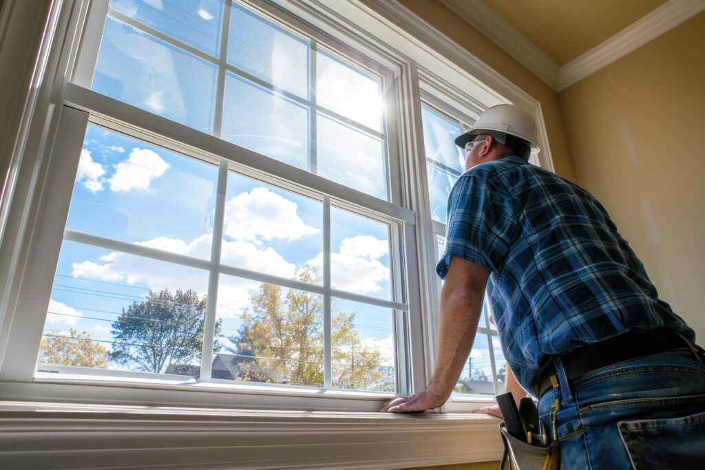 Hurricane Window Installer in a hard hat looking out a window in a South Florida home