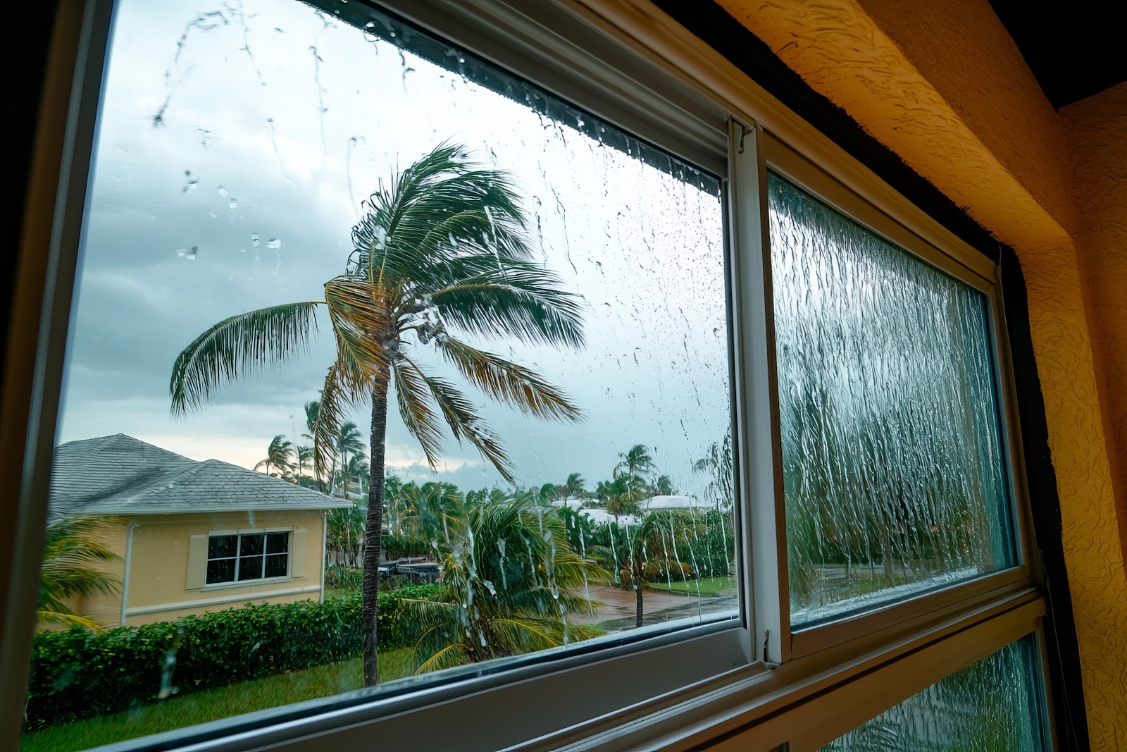 Storm windows installed in a Miami home during hurricane season with a storm outside. There is rain on the window and a palm tree standing against the wind.