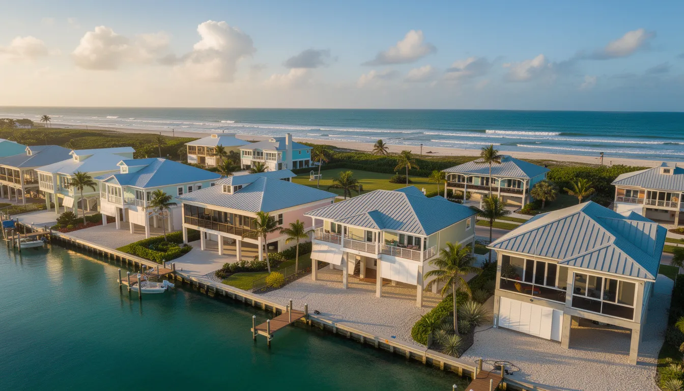 An aerial view showcases a modern Florida coastal community featuring hurricane-resistant homes and commercial buildings designed to withstand high winds and storm surge. These structures, built according to strict Florida building codes, include impact-resistant windows and reinforced foundations, ensuring safety during hurricane season.